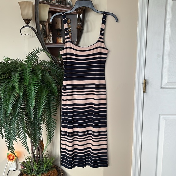 American Apparel Tan & Black Striped Tank Midi Dress Bodycon Rayon Blend - Picture 1 of 11
